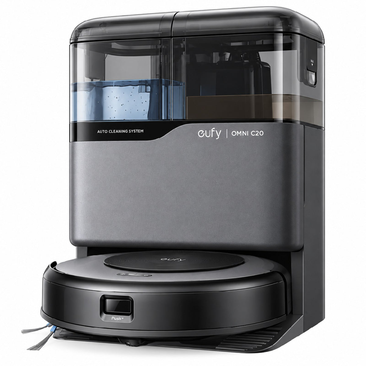 eufy Robot Vacuum Omni C20 and station, side angled view