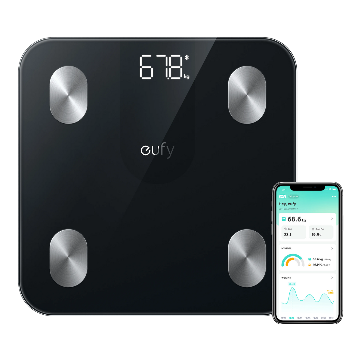 ميزان يوفي الذكي A1 الأسود بشاشة LED للوزن مع تطبيق eufy على الموبايل