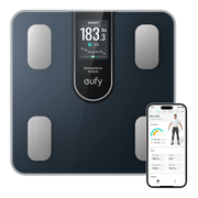 Black eufy Smart Scale C20 with its color display and the eufy Life app on a phone