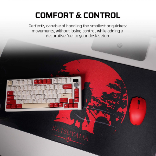 Keyboard and mouse on the Fantech ATO MP905 deskmat in the Katsuyama design