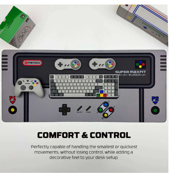 Controllers and keyboard on the Fantech ATO MP905 deskmat in the Super Maxfit Edition design