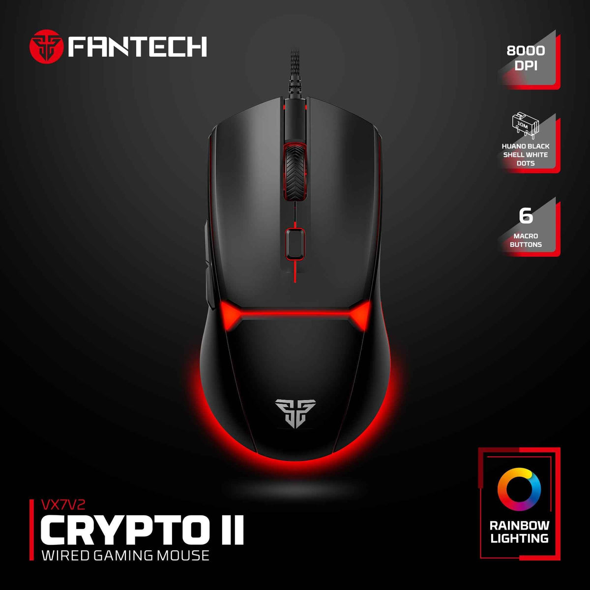 ماوس فانتك Crypto II VX7V2 باللون Black بدقة 8000 DPI ومفاتيح Huano و6 أزرار ماكرو وإضاءة ملونة