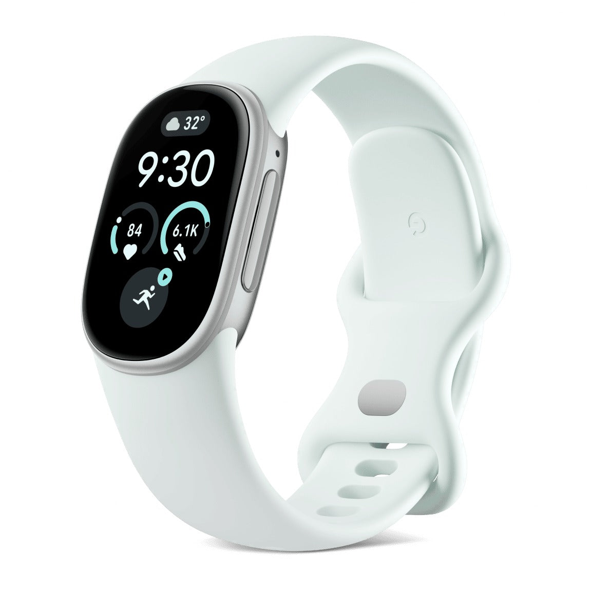 سمارت باند جوجل Fitbit Edge بهيكل ألومنيوم فضي ساتان وسوار Fog، منظر مائل