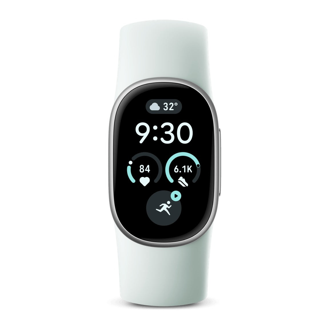 سمارت باند جوجل Fitbit Edge بهيكل ألومنيوم فضي ساتان وسوار Fog، منظر أمامي