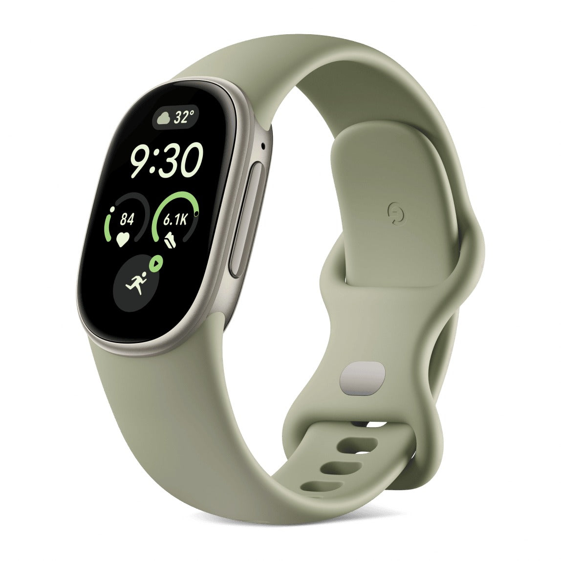 سمارت باند جوجل Fitbit Edge بهيكل ألومنيوم Satin Pyrite وسوار Olive، منظر مائل
