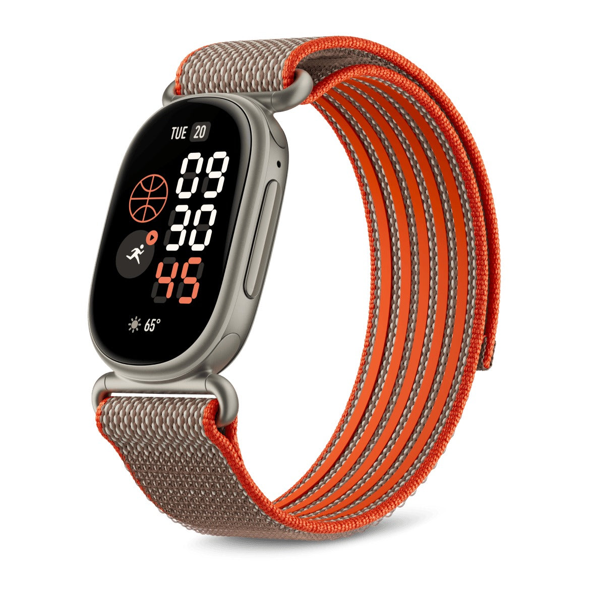 سمارت باند جوجل Fitbit Edge إصدار ستيفن كاري الخاص بهيكل Satin Pyrite وسوار Rye، منظر مائل