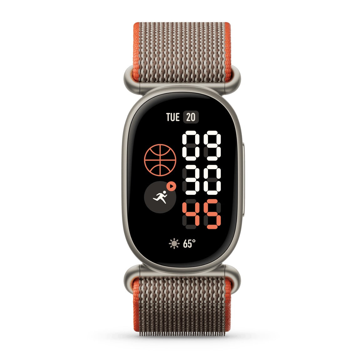 سمارت باند جوجل Fitbit Edge إصدار ستيفن كاري الخاص بهيكل Satin Pyrite وسوار Rye، منظر أمامي
