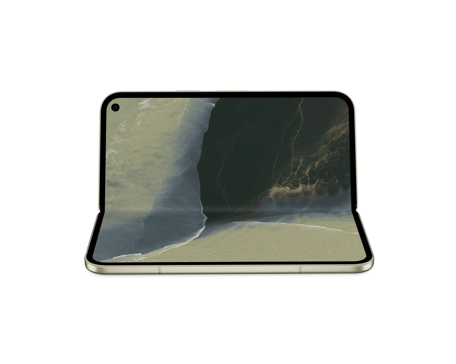 Google Pixel 11 Pro Fold 5G in Olive, half-folded in tabletop position