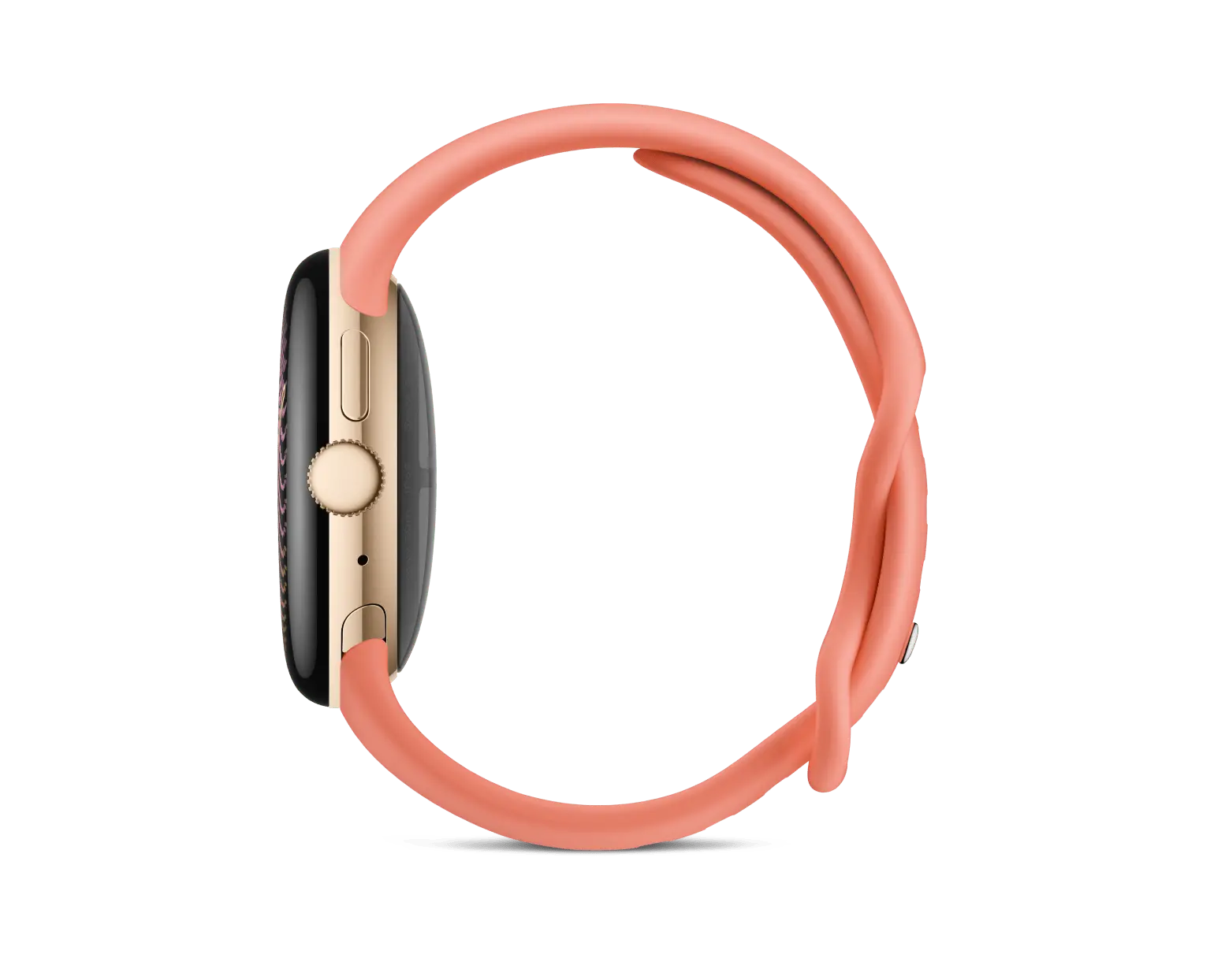 Google Pixel Watch 5 Smart Watch in Champagne Gold with Canyon band, side profile