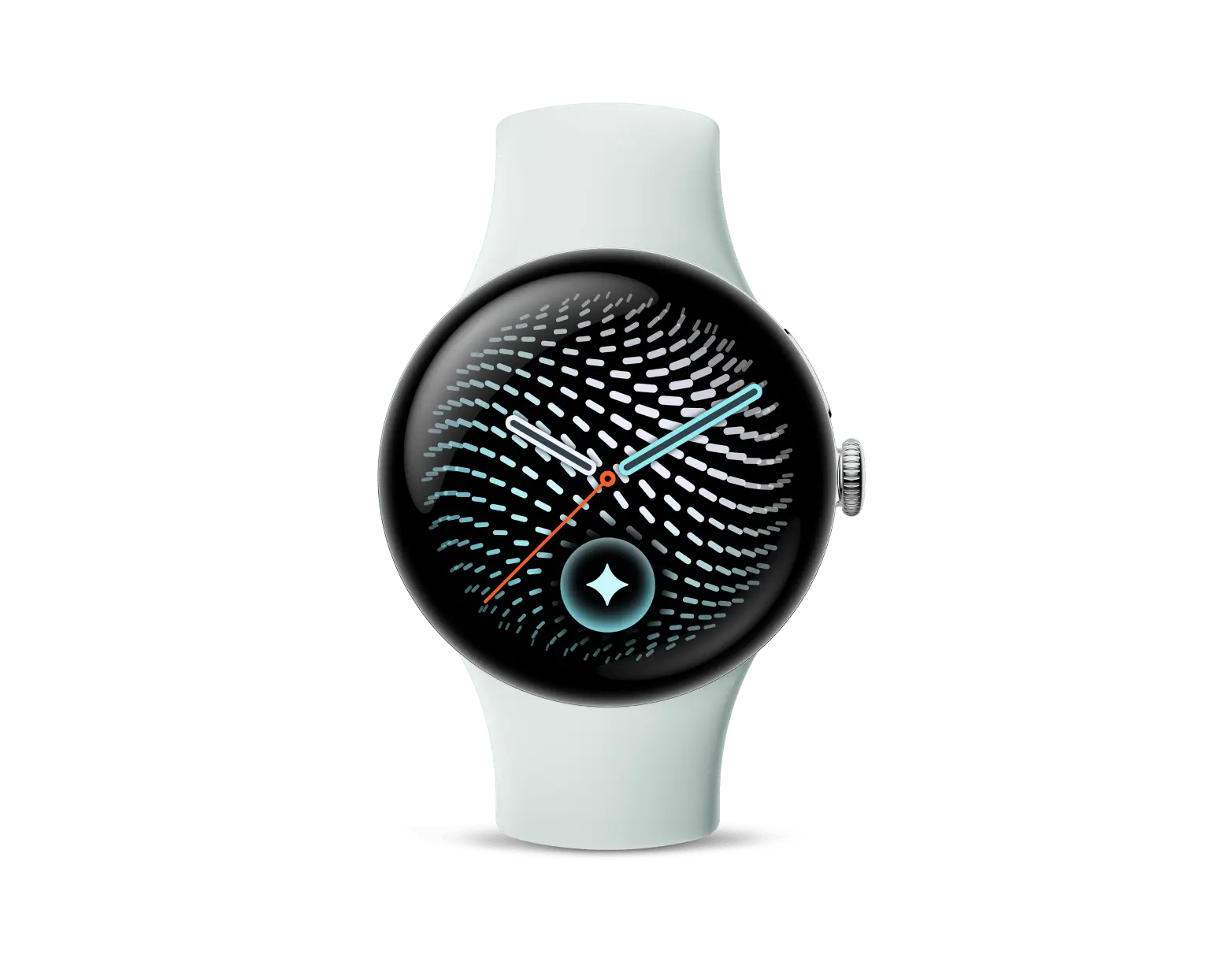 Google Pixel Watch 5 Smart Watch in Polished Silver with Fog band, front view