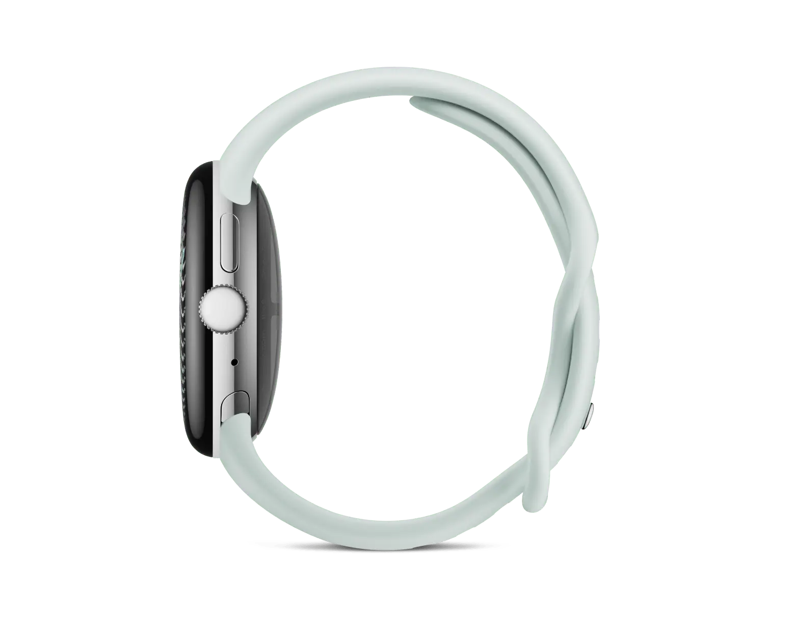 Google Pixel Watch 5 Smart Watch in Polished Silver with Fog band, side profile