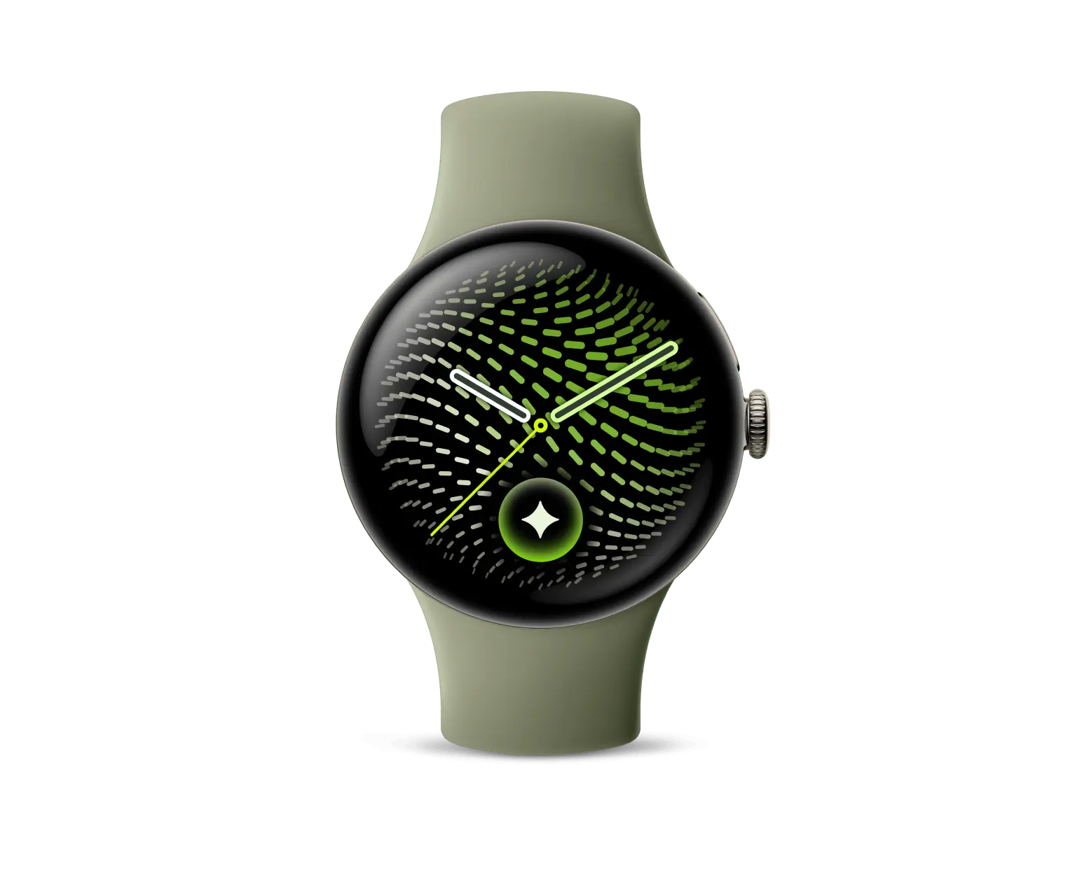 Google Pixel Watch 5 Smart Watch in Satin Pyrite with Olive band, front view