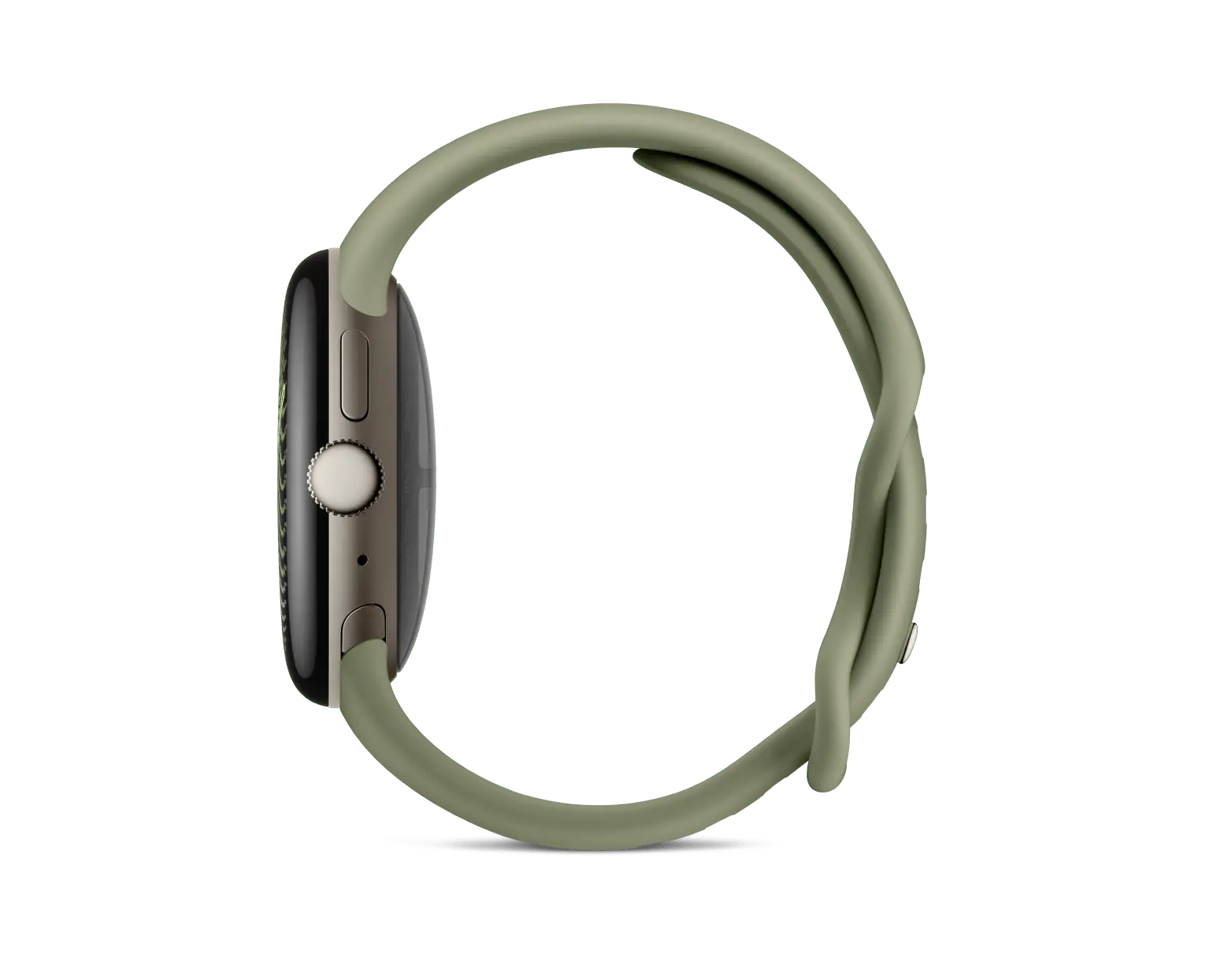 Google Pixel Watch 5 Smart Watch in Satin Pyrite with Olive band, side profile