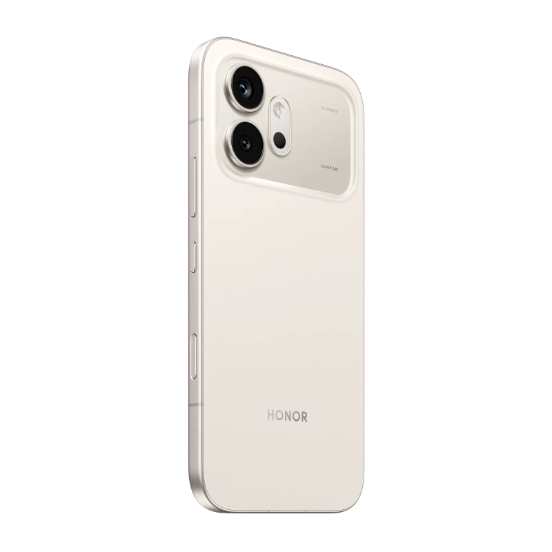 HONOR 600 in Golden White at an angle showing the back panel and the matte metal frame