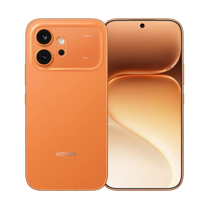 HONOR 600 in Orange showing the front display and the back panel with the 200MP camera module