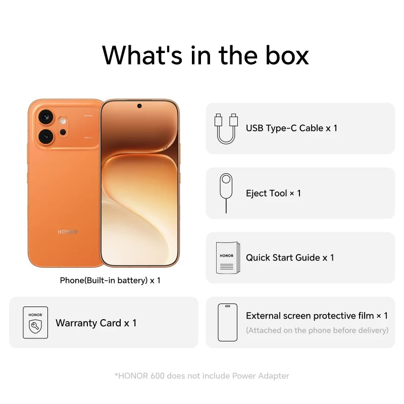 What is in the HONOR 600 box: the phone with its built-in battery, a USB Type-C cable, an eject tool, a quick start guide, a warranty card and a pre-fitted screen protective film