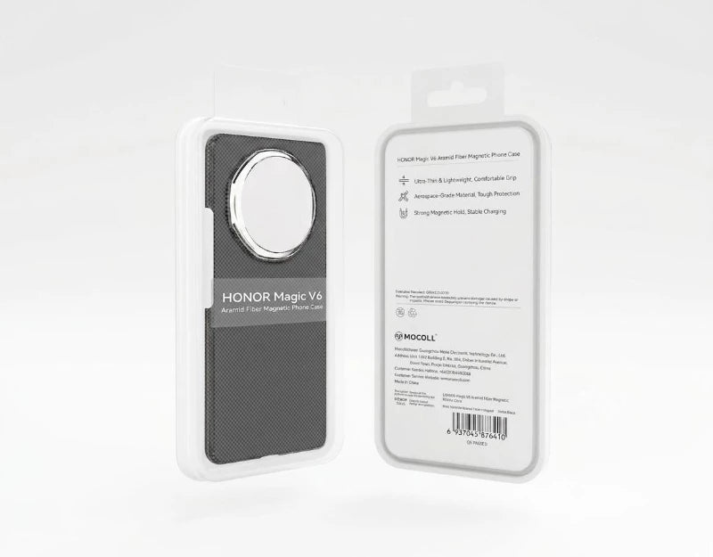 Retail packaging of the Black HONOR Magic V6 aramid fibre case