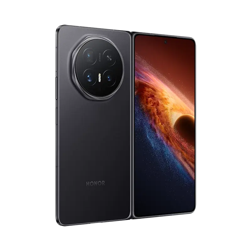 Black HONOR Magic V6 folded at an angle, showing the back and the cover screen