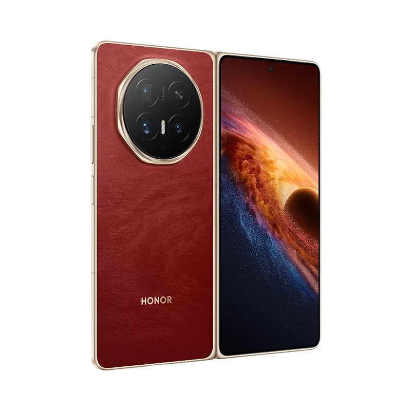 Red HONOR Magic V6 folded at an angle, showing the back and the cover screen