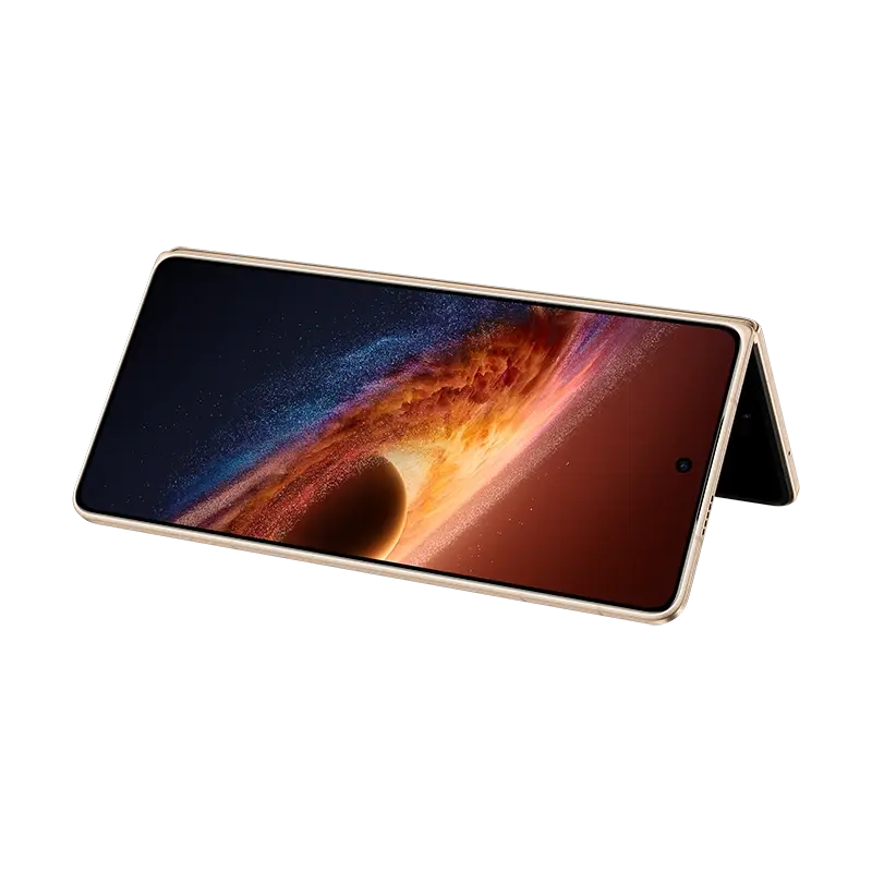 Red HONOR Magic V6 half-folded and standing in tent position