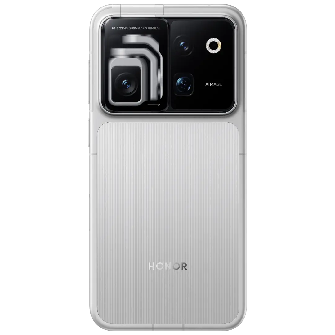 Back of the HONOR Robot Phone in Silver showing the gimbal camera module
