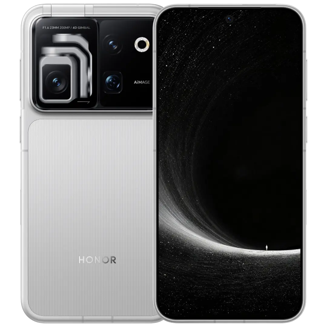 HONOR Robot Phone in Silver seen from the front and the back