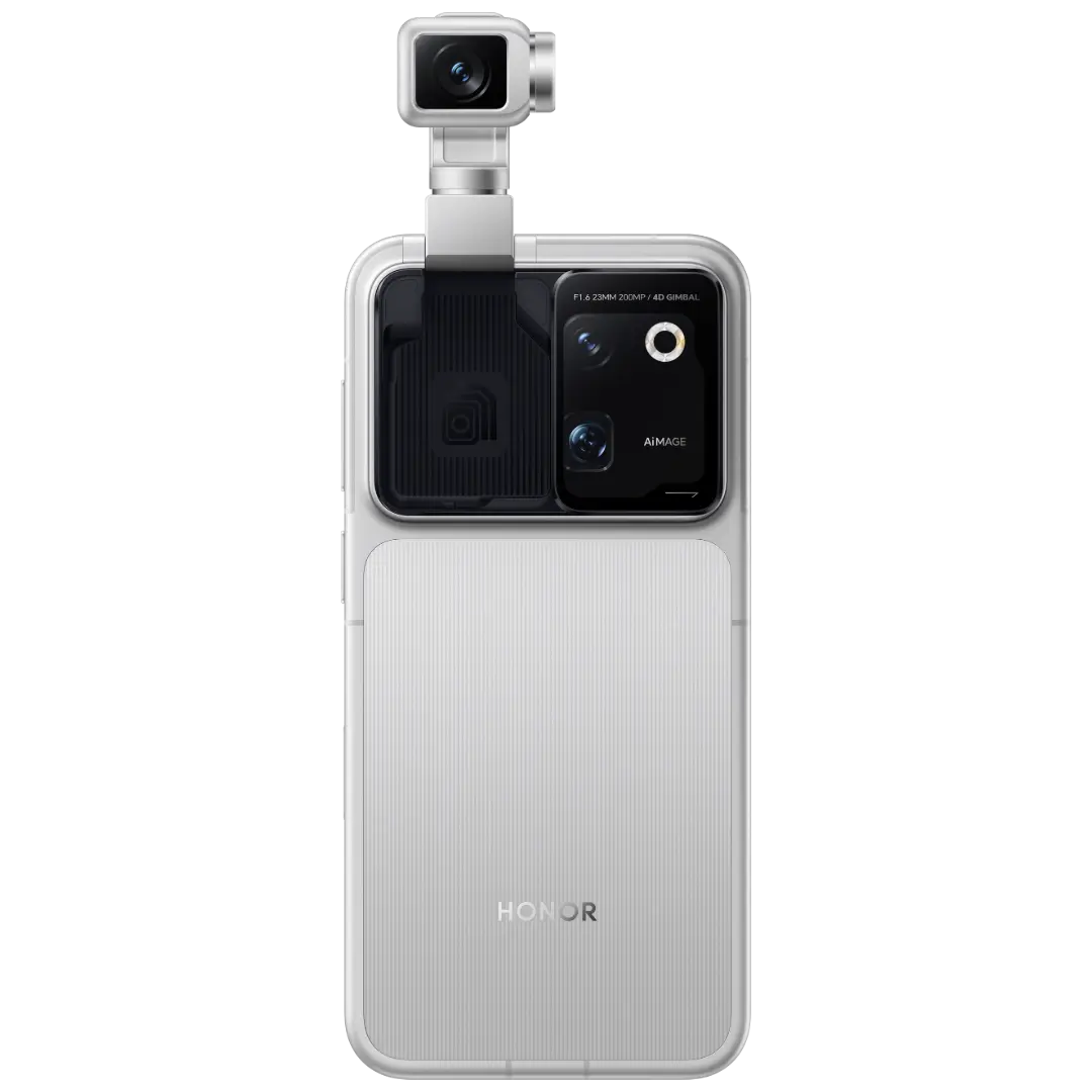 HONOR Robot Phone in Silver from the back with the gimbal camera raised