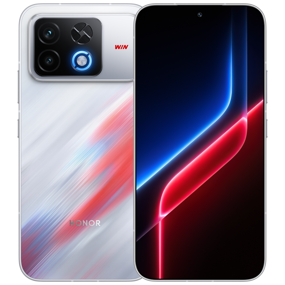 HONOR WIN 2 in Red Blue Buff showing the front screen and the back with the camera and cooling fan island