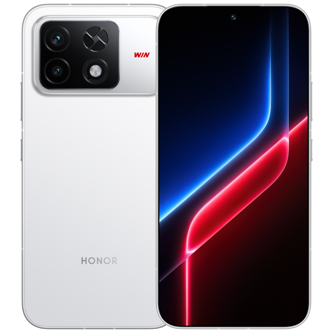HONOR WIN 2 in White showing the front screen and the back with the camera island