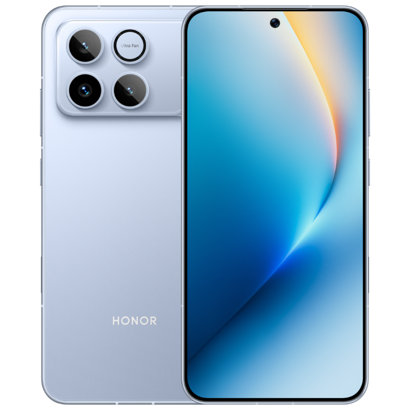 HONOR Win 5G Gaming Phone in Blue, angled front and back view
