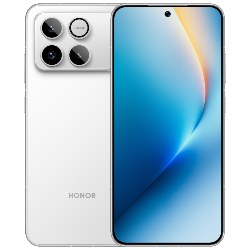HONOR Win 5G Gaming Phone in White, angled front and back view