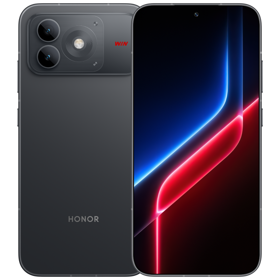 HONOR WIN Turbo 2 in Black showing the front screen and the back with the round camera ring
