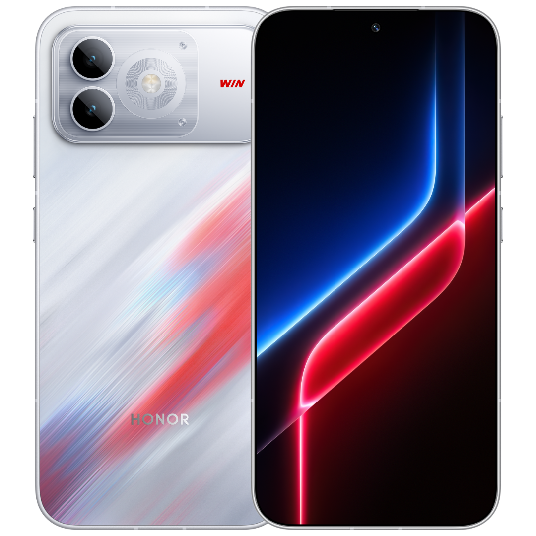 HONOR WIN Turbo 2 in Red Blue Buff showing the front screen and the back with the round camera ring