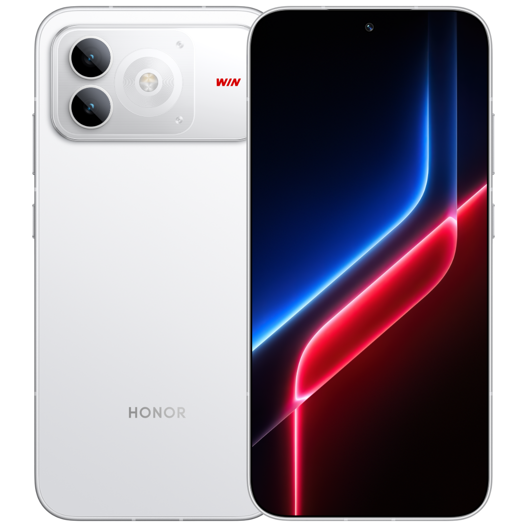 HONOR WIN Turbo 2 in White showing the front screen and the back with the round camera ring