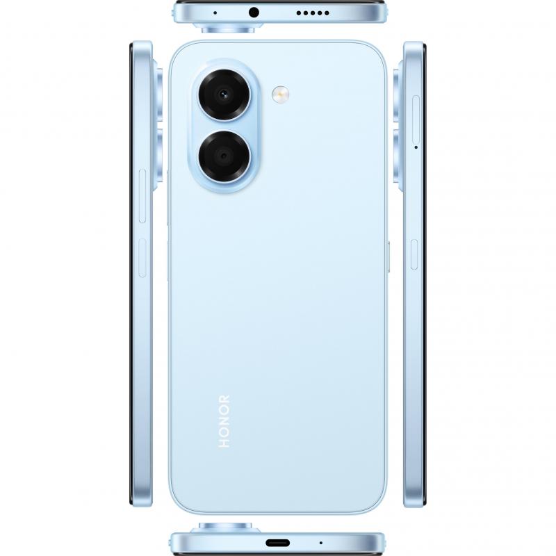 HONOR X7e Dual SIM in Light Blue, front, back and side views