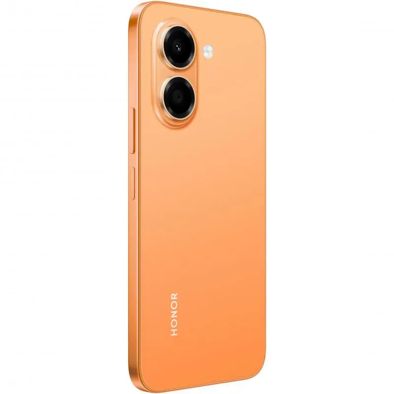 HONOR X7e Dual SIM in Sunrise Orange, angled rear view
