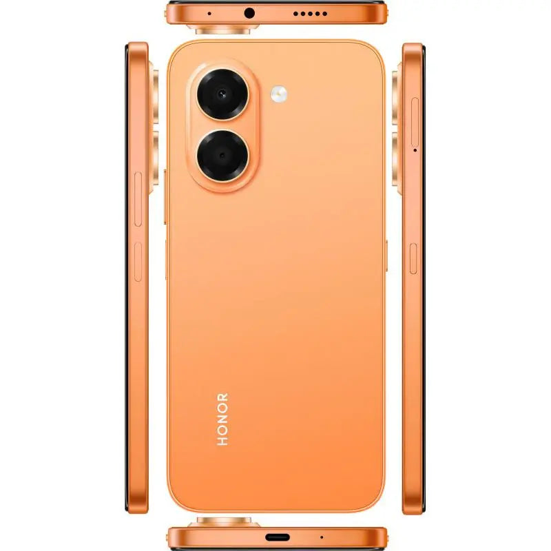 HONOR X7e Dual SIM in Sunrise Orange, front, back and side views