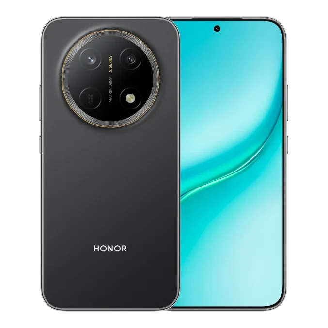 هاتف هونر X9e Pro بلون Midnight Black من الأمام والخلف مع وحدة الكاميرا 108 ميجابكسل