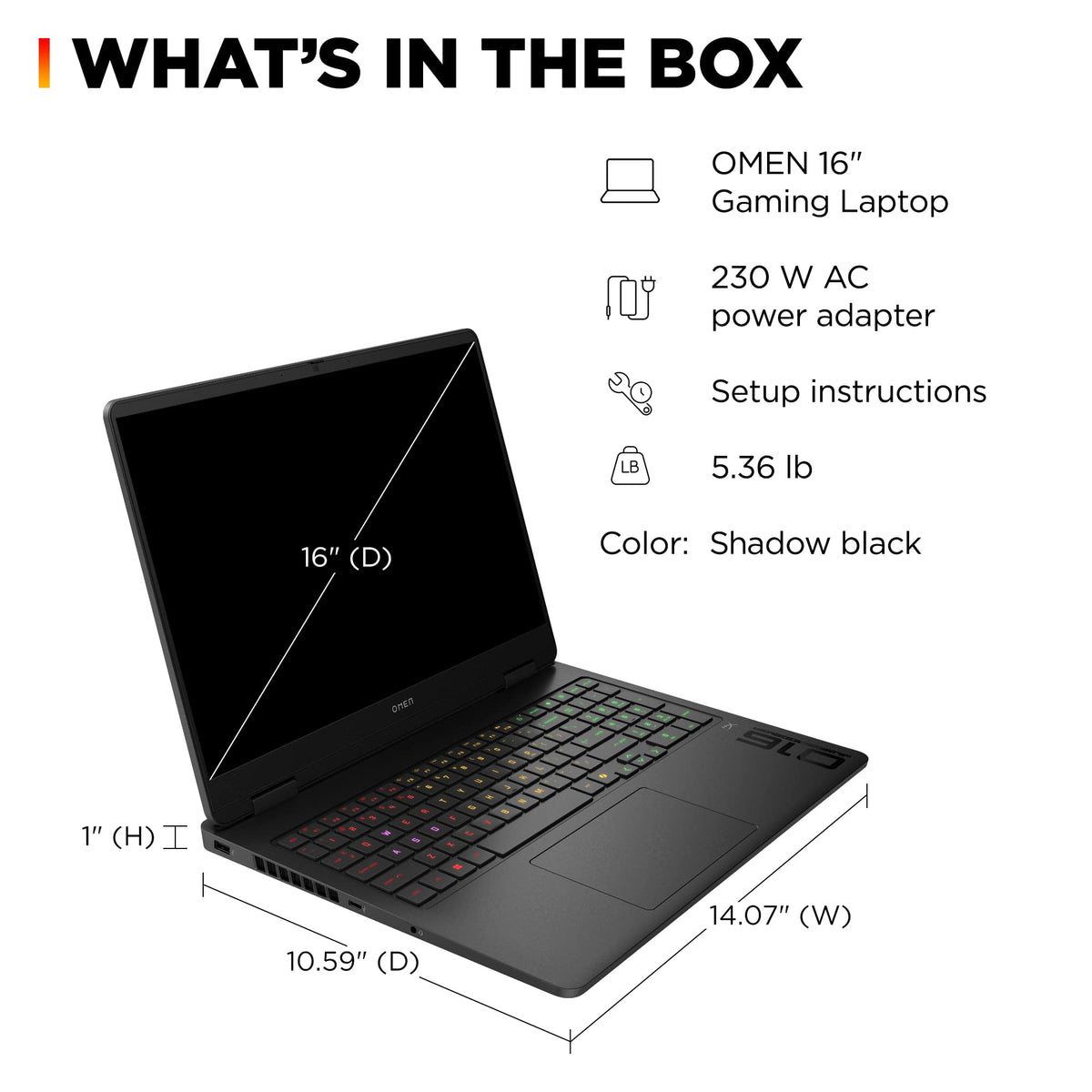 HP OMEN 16-am0073dx what's in the box: laptop, 230W AC power adapter and setup instructions