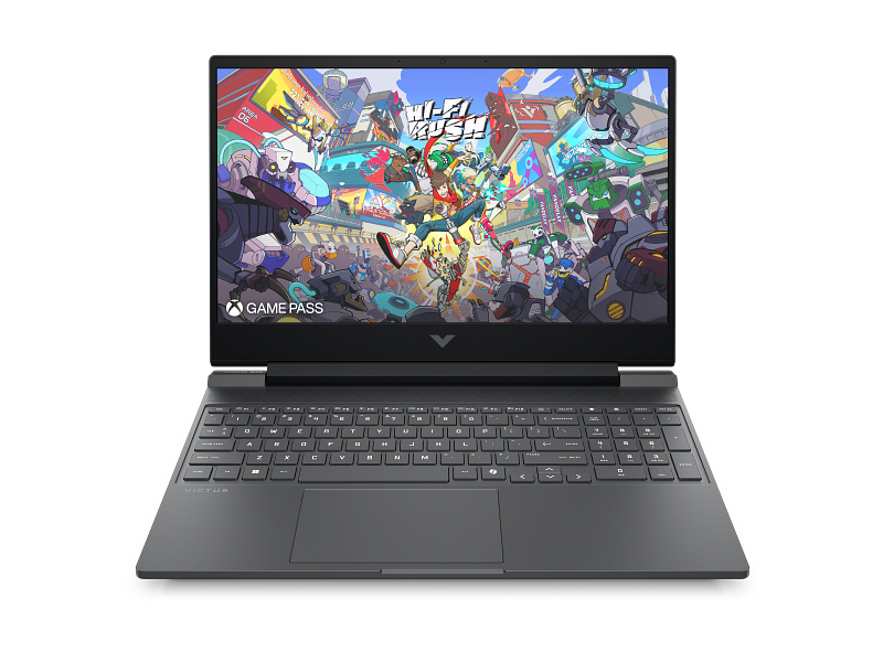 HP Victus 15-fa2352TX gaming laptop in Mica Silver, open from the front, showing the full-size keyboard with numeric keypad