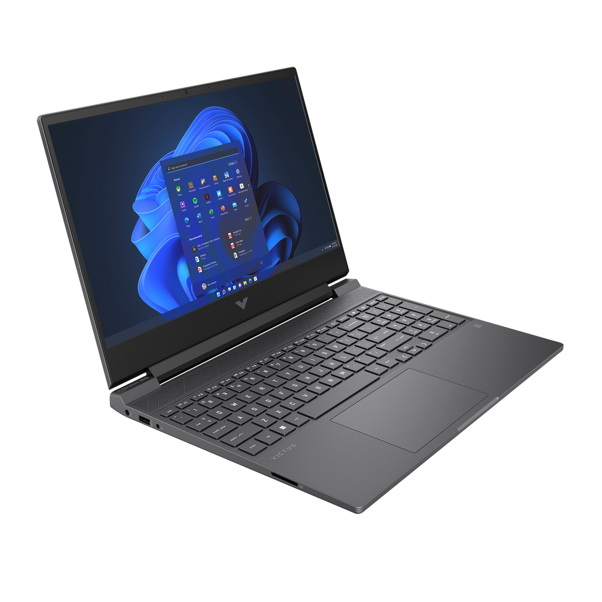 لابتوب HP Victus 15-fa2787nr بلون Mica Silver مفتوحًا من أمام اليسار