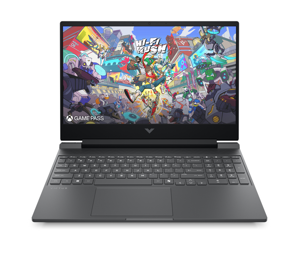 لابتوب الألعاب HP Victus 15-fa2787nr مفتوحًا من الأمام ويظهر الكيبورد الكامل بلوحة الأرقام
