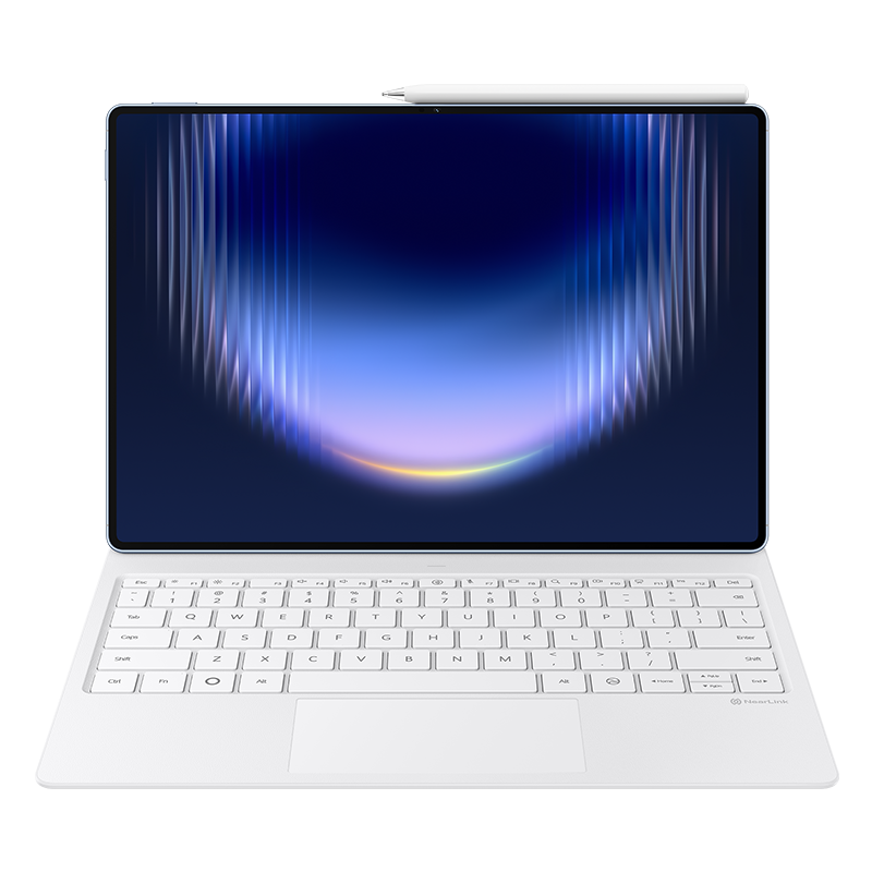 White HUAWEI Glide Keyboard with HUAWEI MatePad Pro Max and HUAWEI M-Pencil, front view