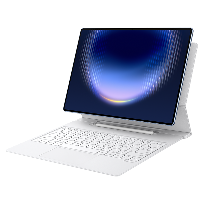 White HUAWEI Glide Keyboard with HUAWEI MatePad Pro Max attached, angled view