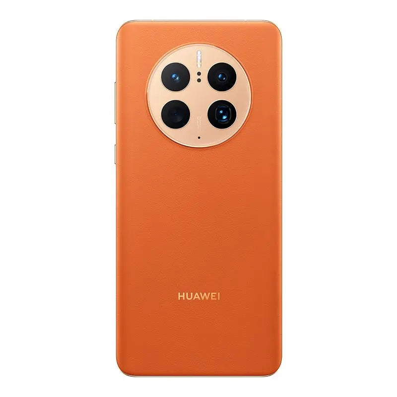 Back of the HUAWEI Mate 50 Pro in Orange vegan leather with the round camera ring