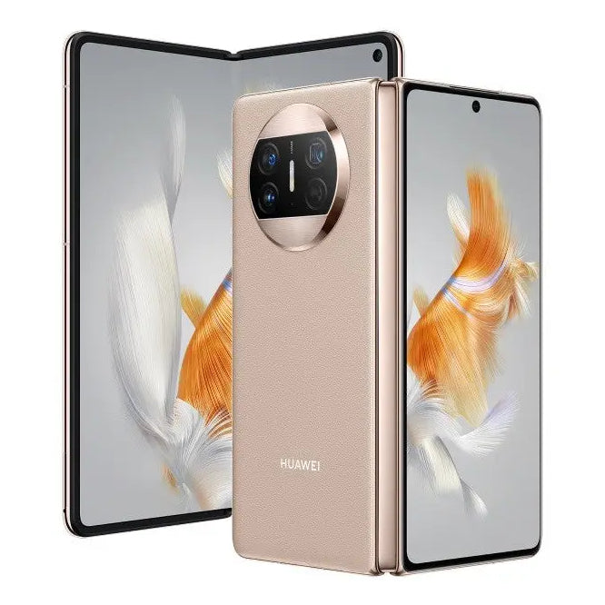 HUAWEI Mate X3 foldable phone in Gold, unfolded, back and cover screen views
