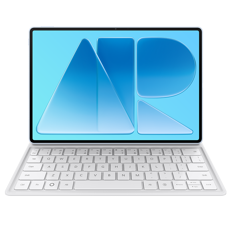 HUAWEI MatePad Air 12-inch PaperMatte Edition in Airy Blue standing on a keyboard, front view