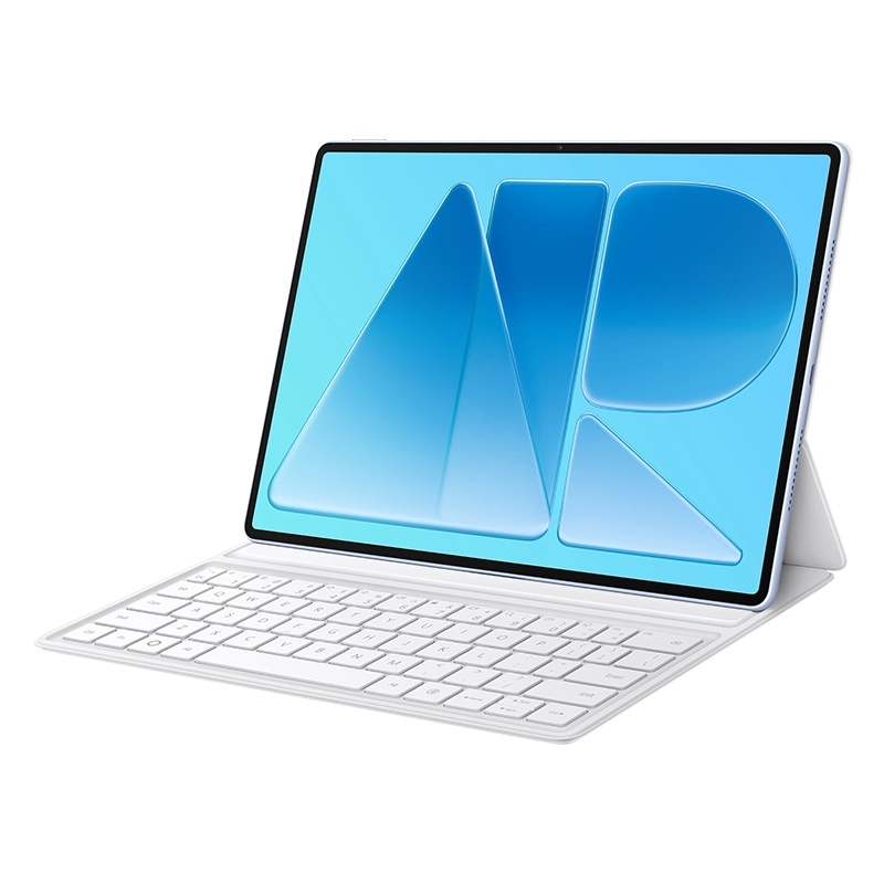 HUAWEI MatePad Air 12-inch PaperMatte Edition in Airy Blue on a keyboard, angled front view