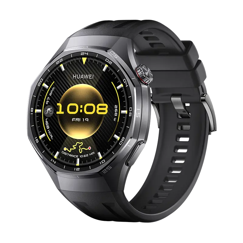 HUAWEI WATCH GT 6 Pro Black with black fluoroelastomer strap, angled front view