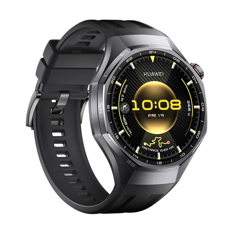 HUAWEI WATCH GT 6 Pro Black with black fluoroelastomer strap, angled view from the left
